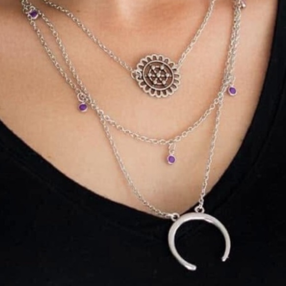 Silver layered necklace with purple stones